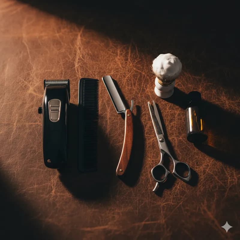 Ferramentas profissionais de barbeiro sobre superfície de couro