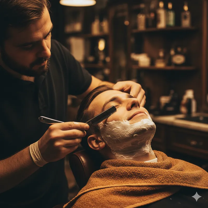 Barbear com navalha e toalha quente em progresso